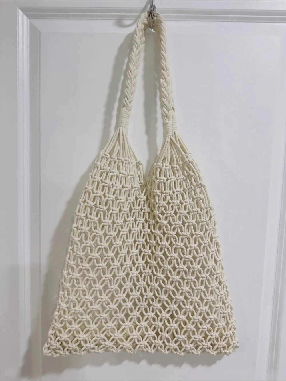 Handmade Cream Macramé Cotton Market Tote Bag | Boho Woven Beach Shopper